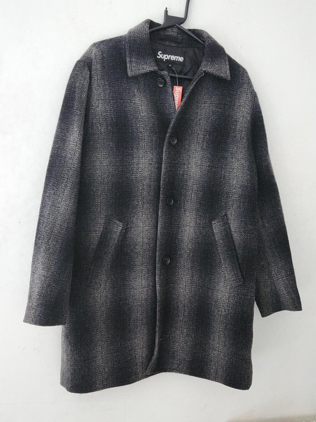 FW16 Supreme Shadow Plaid Woolrich Wool Overcoat Charcoal S Small Coat New