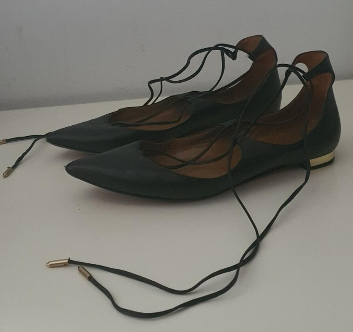£415 AQUAZZURA Black Leather Christy Flat Pointed Toe Sandals Ballet EU 38 UK 5