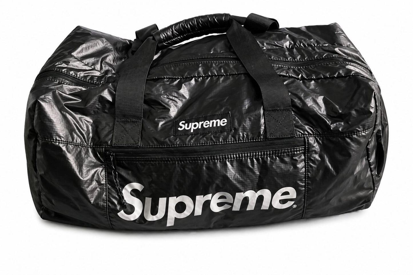 FW17 Supreme Bolsa de lona de tela Cordura con logotipo de caja, texto reflectante, bolsa de viaje negra