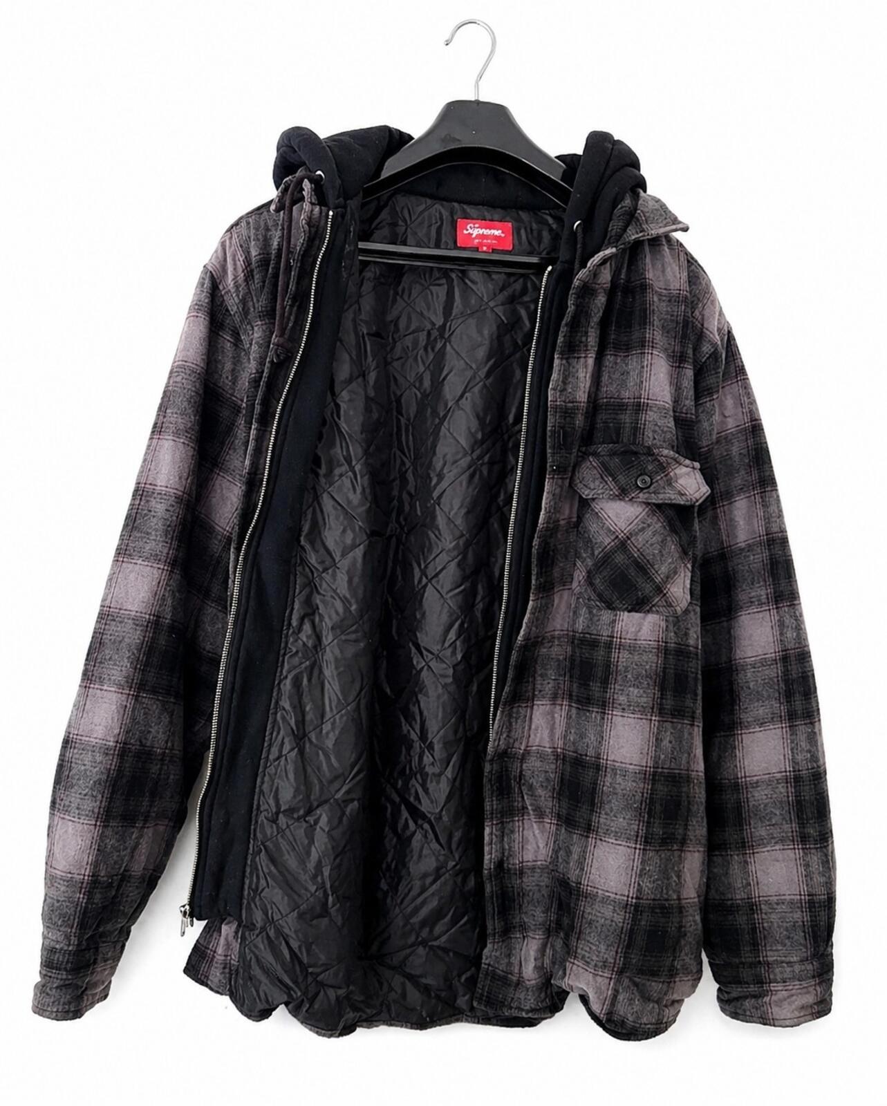 FW21 Supreme Hooded Flannel Zip Up Shirt Quilted Jacket Black Size L