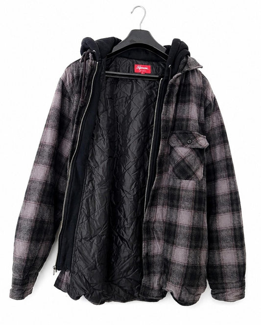 FW21 Supreme Hooded Flannel Zip Up Shirt Quilted Jacket Black Size L