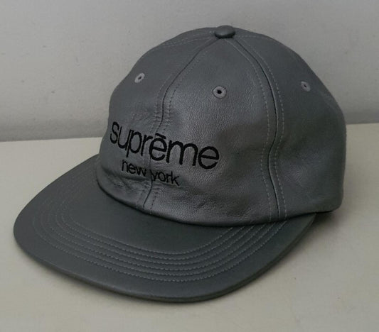 FW16 Supreme Leather Classic Logo 6-Panel Silber Hut Kappe Selten