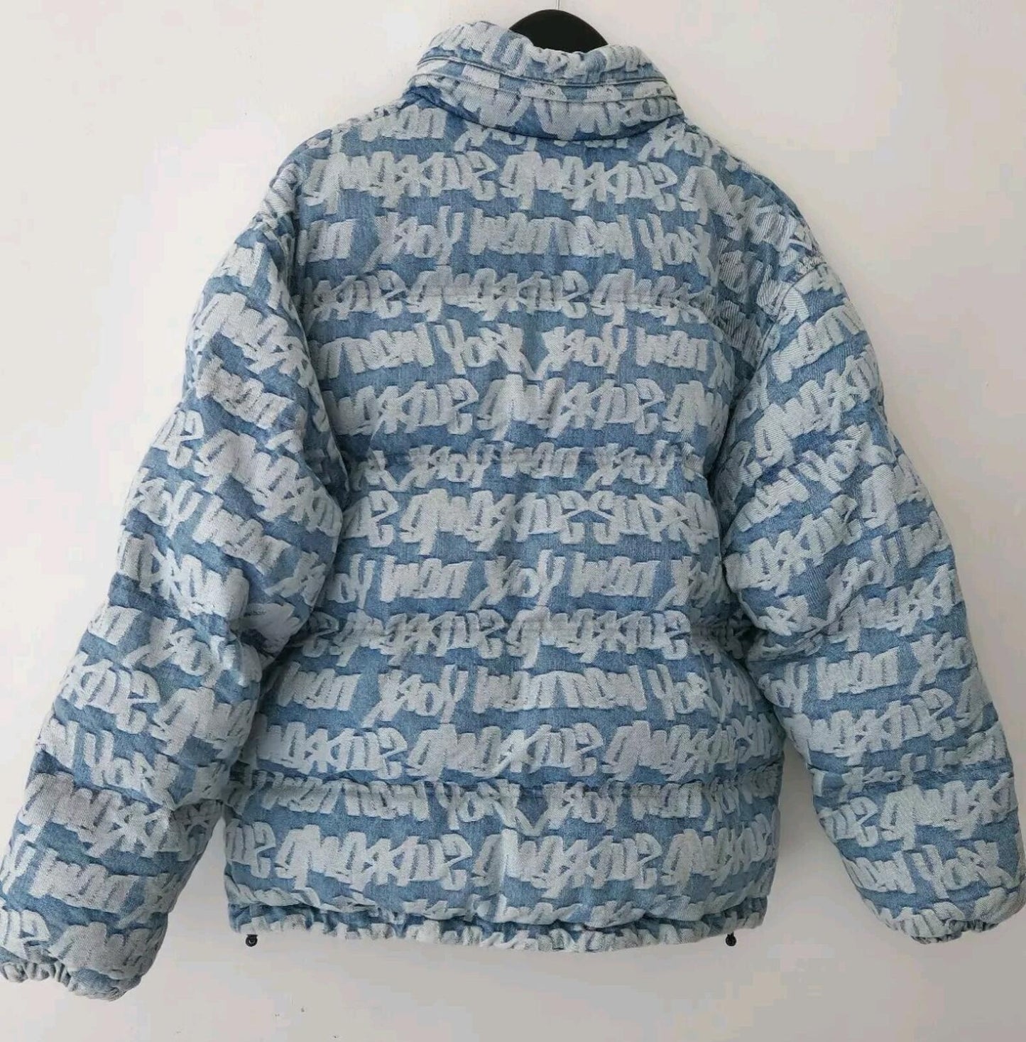 SS22 Supreme Fat Tip Jacquard Denim Puffer Jacket Blue Size S