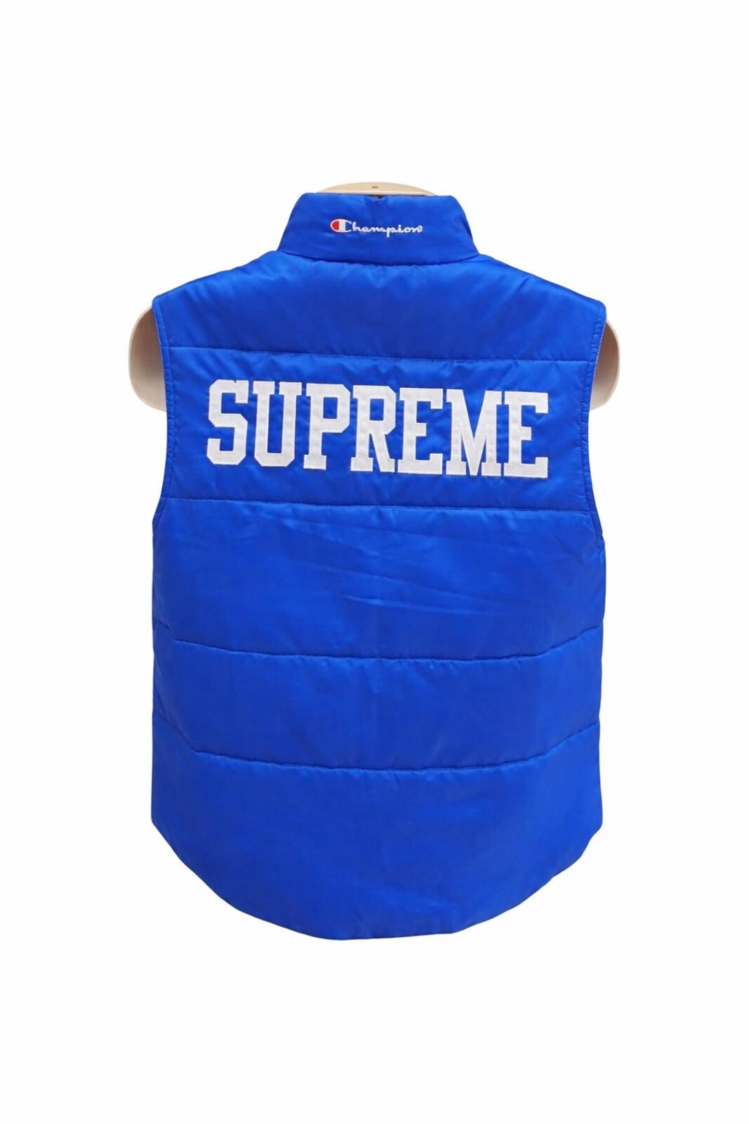 SS17 Supreme x Champion Puffy Vest Gilet Blau Größe S
