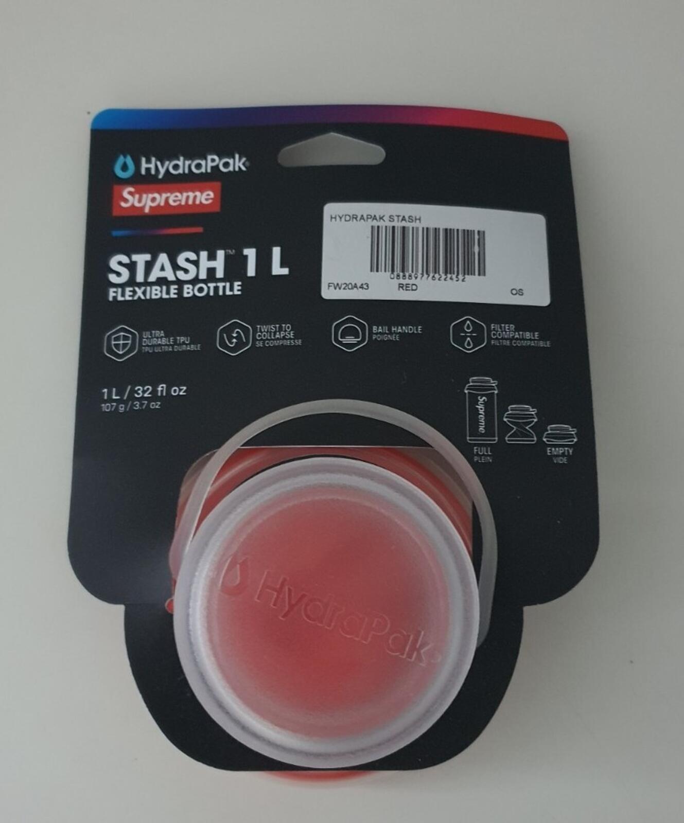 FW20 Supreme HydraPak Stash 1.0L Wasserflasche rot flexibel Neues Accessoire