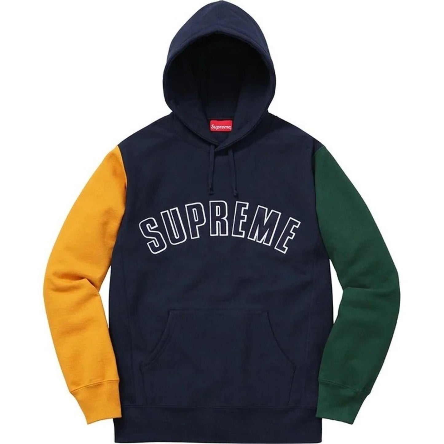 FW16 Supreme Color Blocked Arc Logo Hooded Sweatshirt Navy Size M