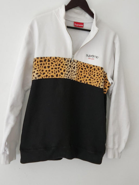 FW18 Supreme Leopard Panel Half Zip Sweatshirt Größe M medium Weißer Pullover