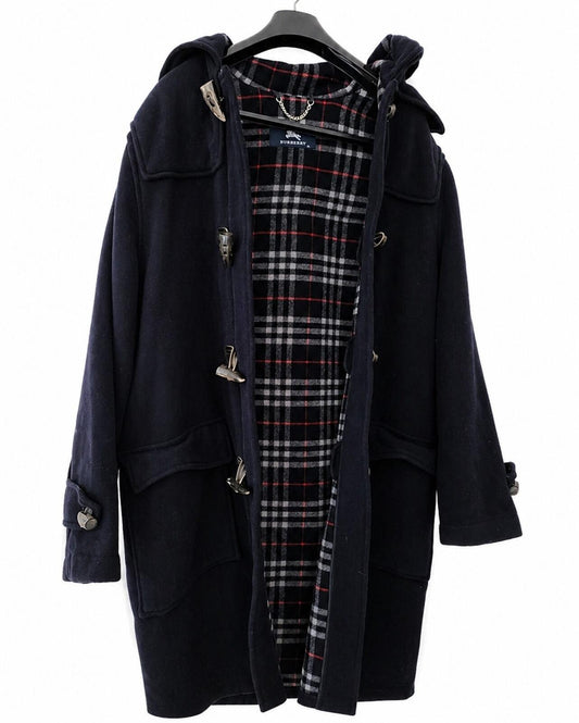 Burberry Duffle Wool Hooded Coat Navy Tartan Size Boys 14Y Fits Mens M Medium