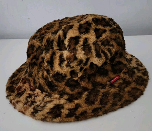 Gorro tipo pescador (bucket hat) Supreme SS14 de piel sintética, talla M/L, estampado de leopardo, vintage, 2014, estampado animal