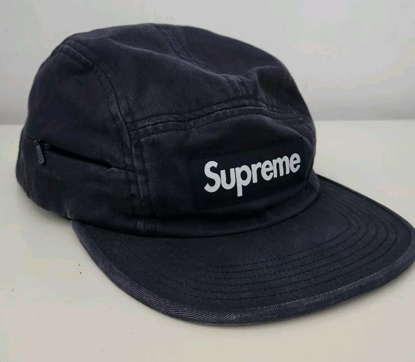 FW17 Supreme Side Zip Camp cap Navy hat Box Logo
