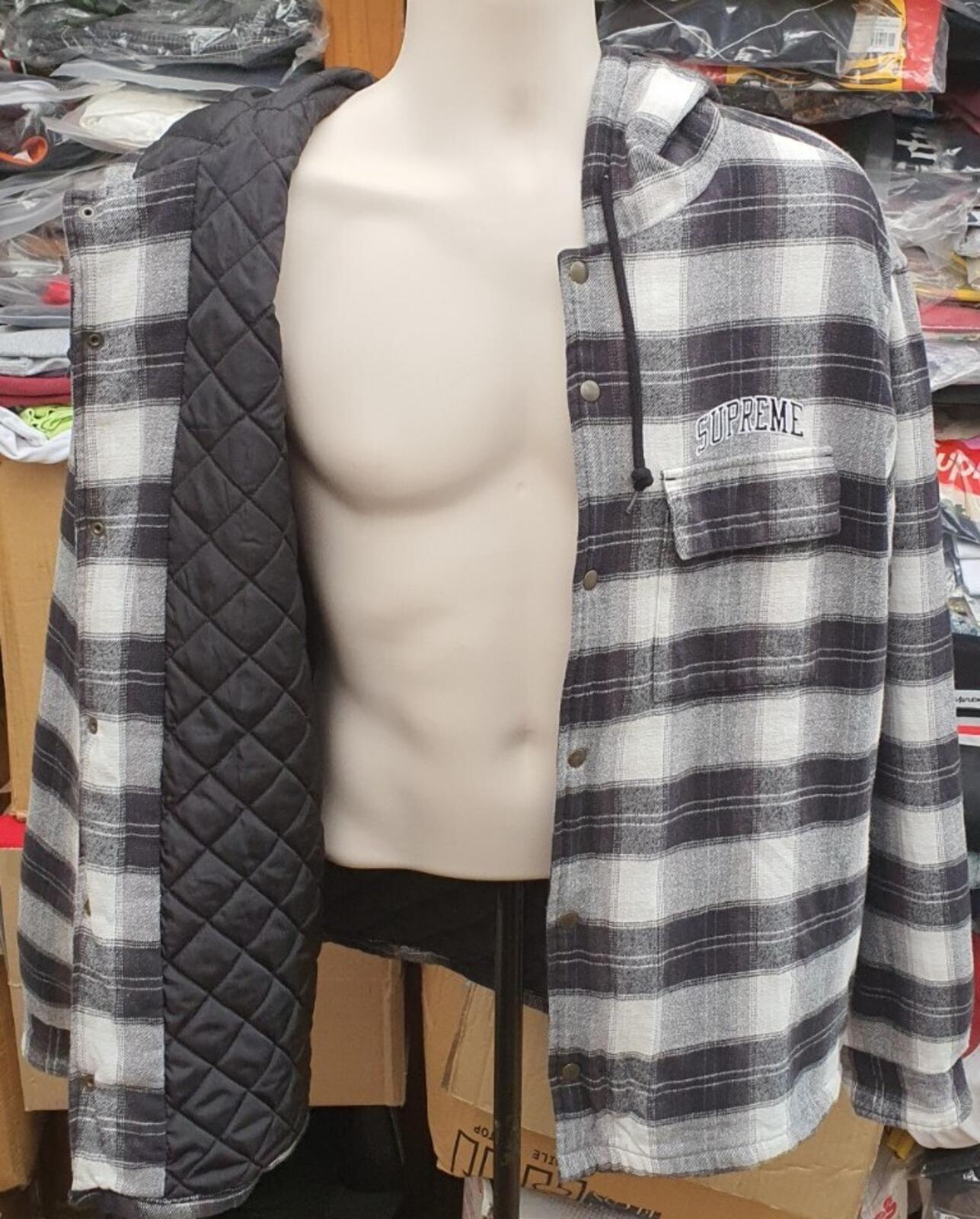 FW19 Supreme Quilted Hooded Plaid Shirt Black Size XL