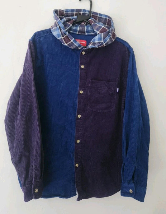 FW18 Supreme Hooded Color Blocked Corduroy Shirt camisa talla M Royal Purple