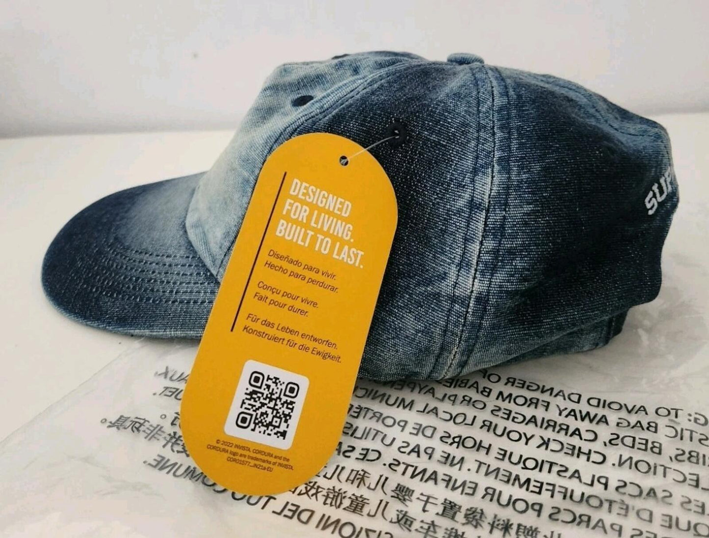 SS24 Supreme Cordura Denim S Logo 6-Panel Cap Bleached Indigo