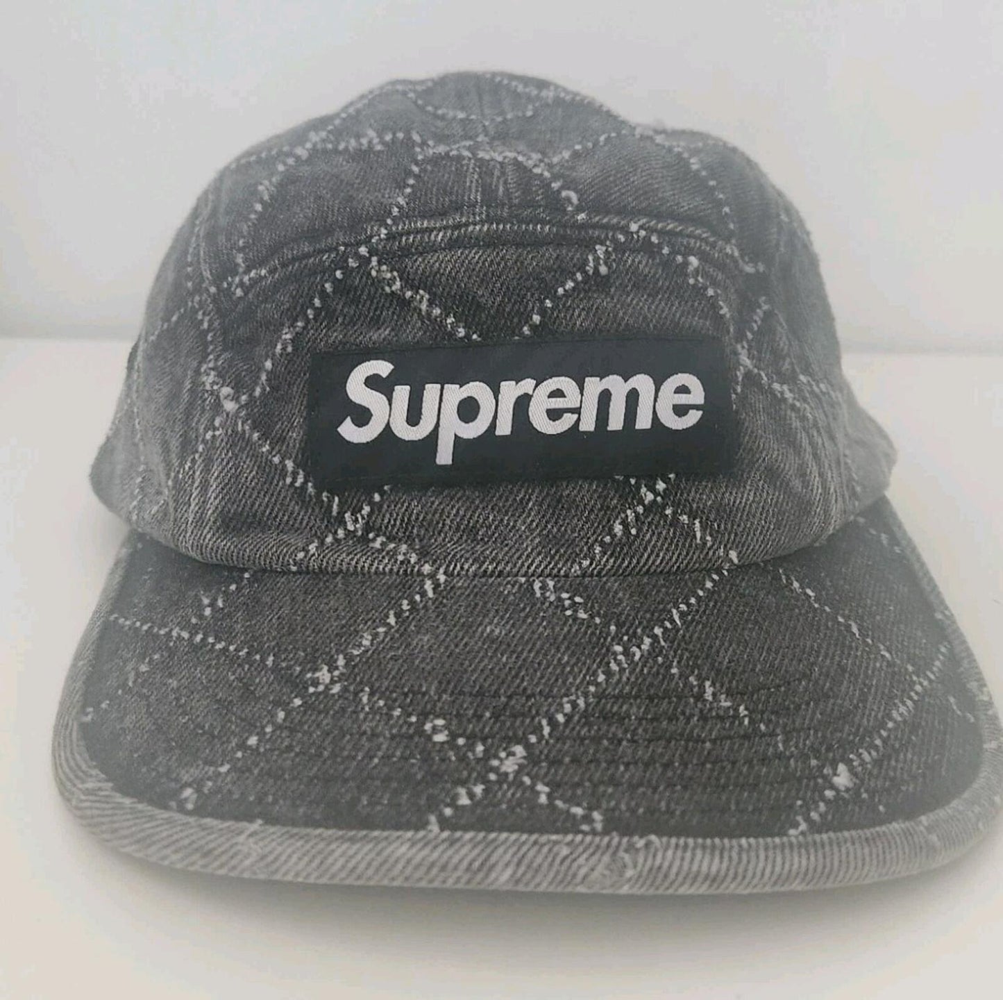 FW23 Supreme Punched Denim camp cap black hat 15 Oz. denim leather strap closure