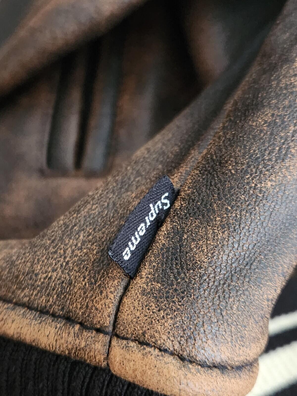 SS19 Supreme Leather Varsity Jacket L black Lambskin Brown Coat Satin Lining