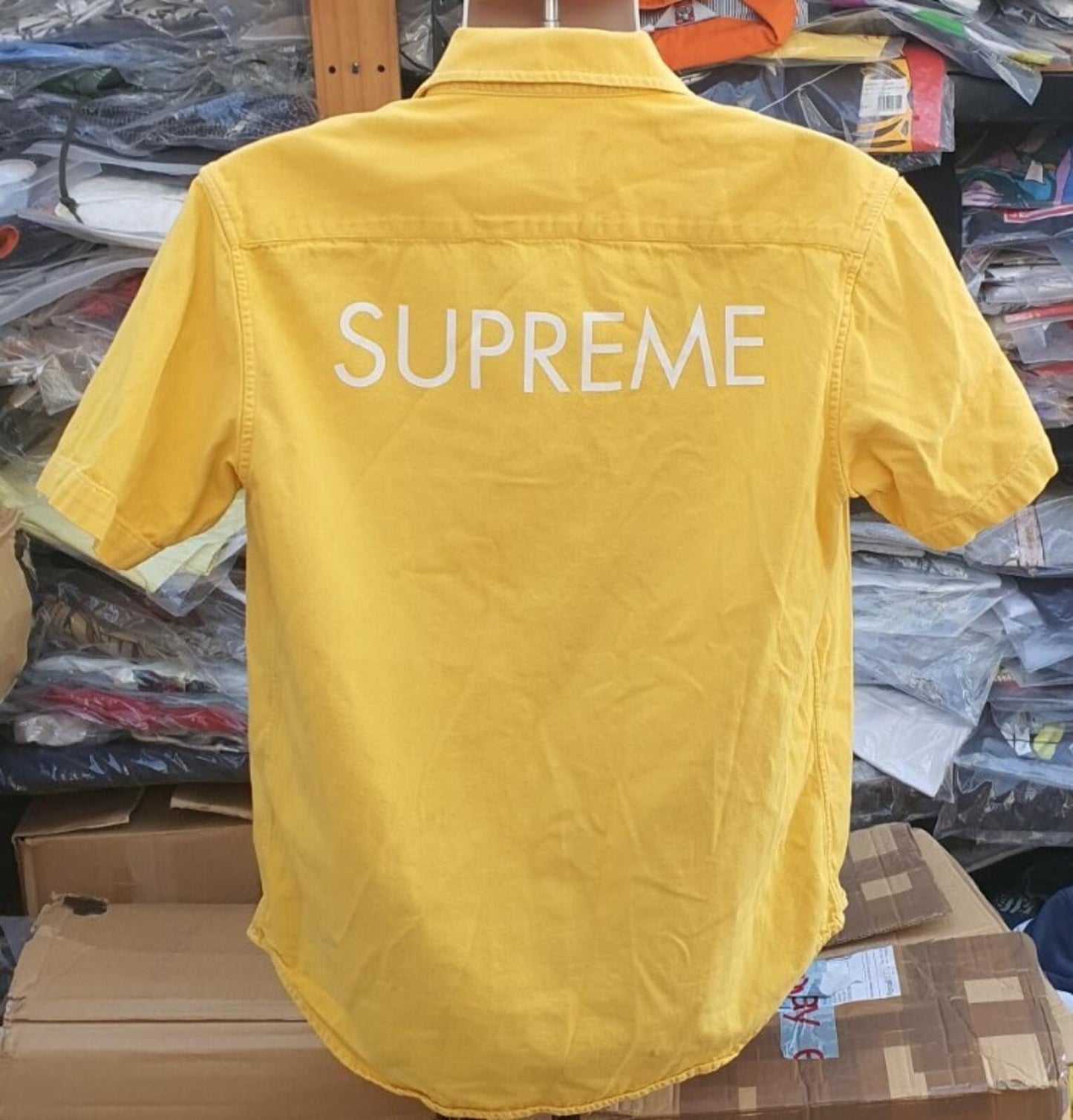 SS15 Supreme Classic logo S/S Denim Shirt Yellow Size M