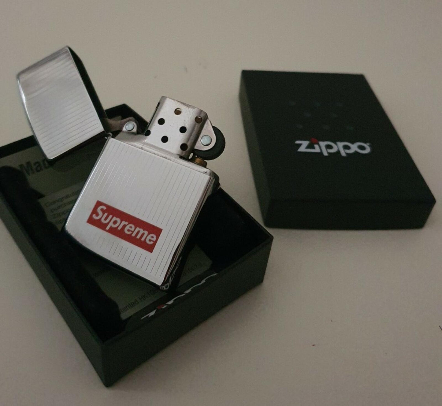 FW15 Supreme Engraved Stripe Zippo silver lighter Rare Accessory
