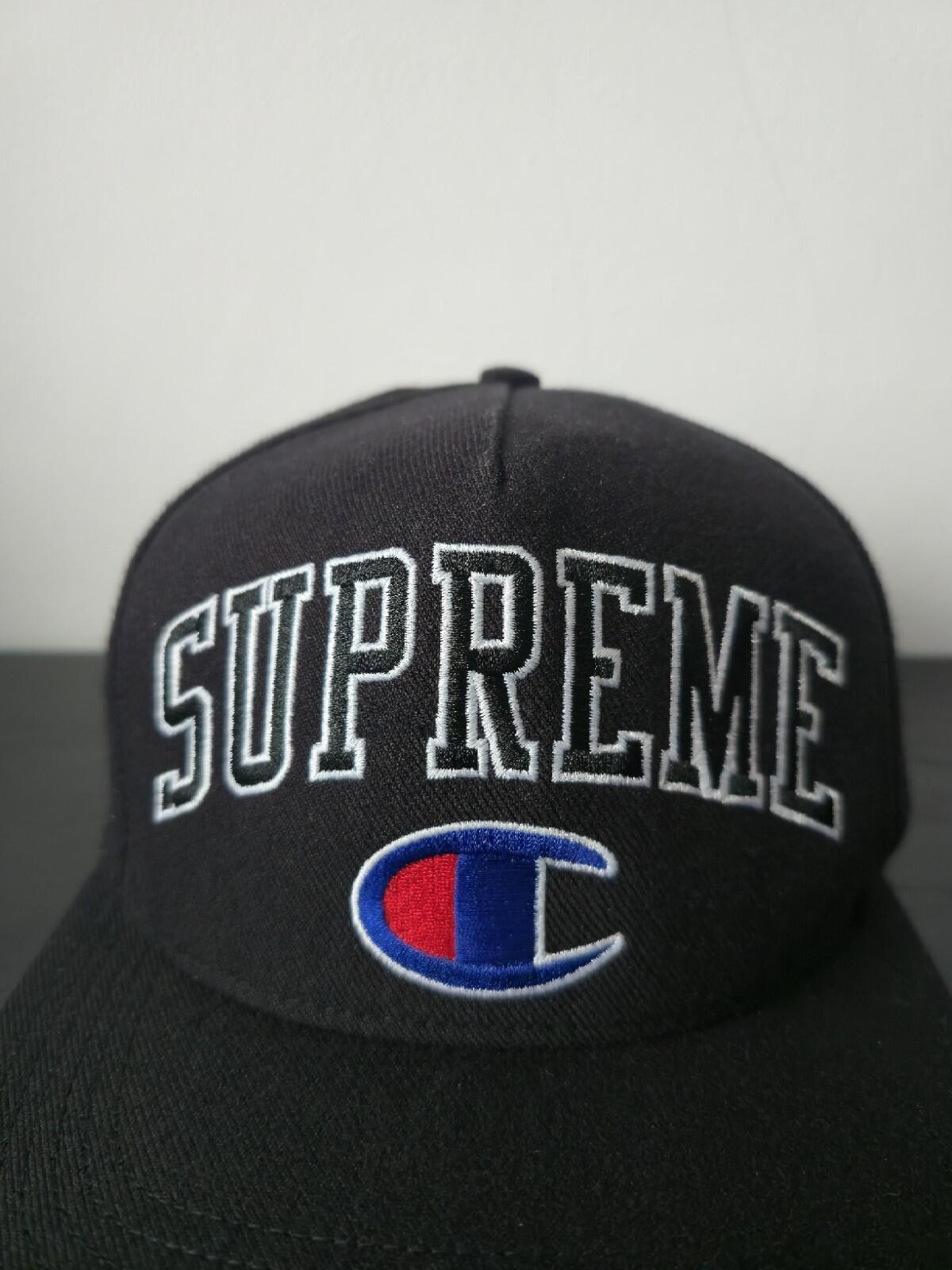 Gorra de 5 paneles Supreme x Champion FW14 con logotipo bordado, color negro