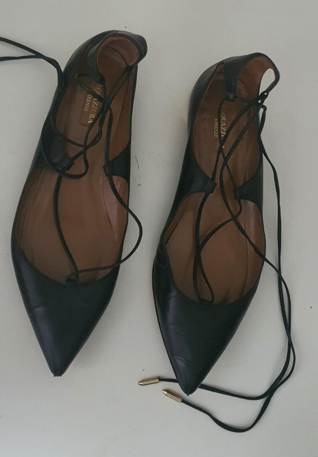 £415 AQUAZZURA Black Leather Christy Flat Pointed Toe Sandals Ballet EU 38 UK 5