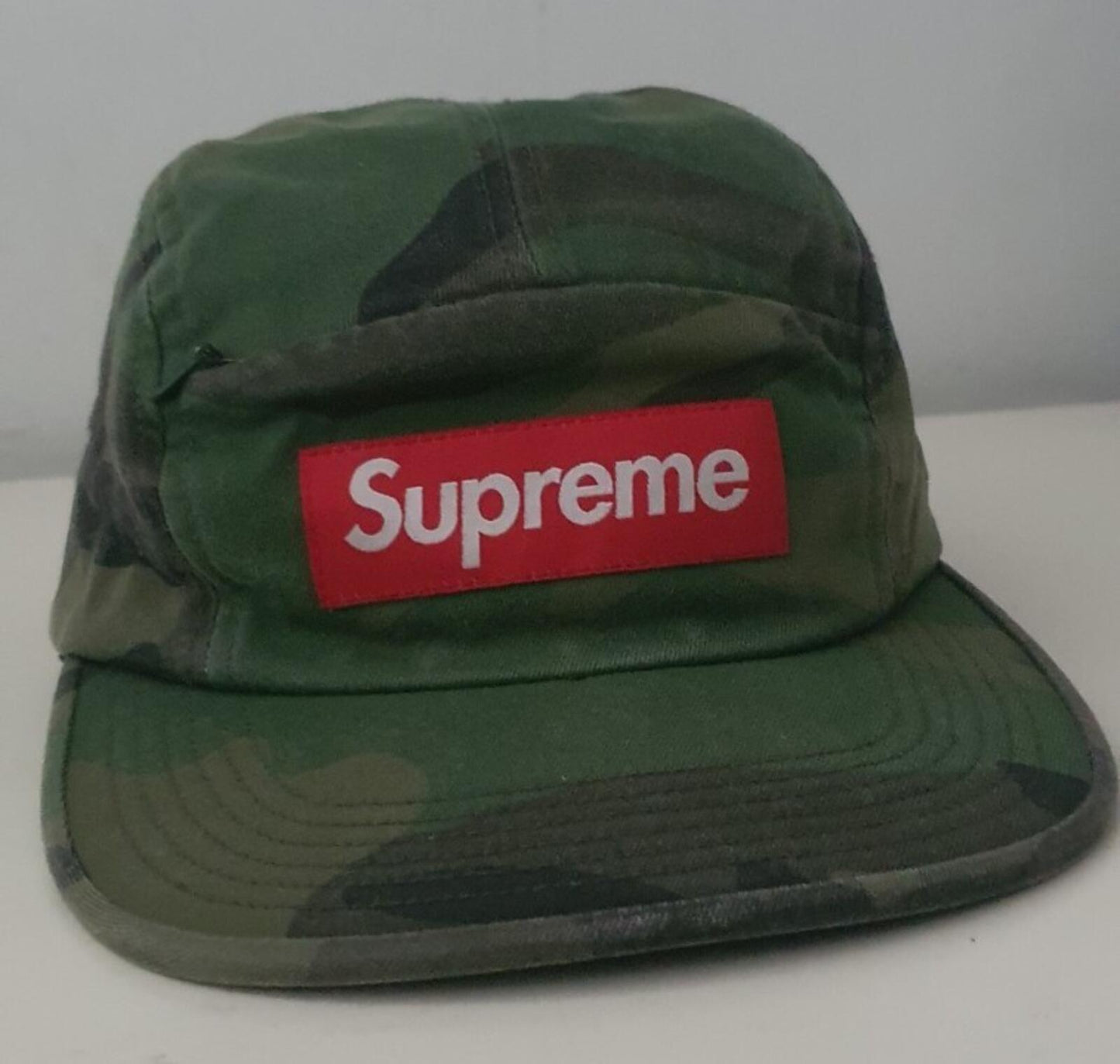 SS17 Supreme Front Panel Zip camp cap Woodland Camo Hat Red box logo