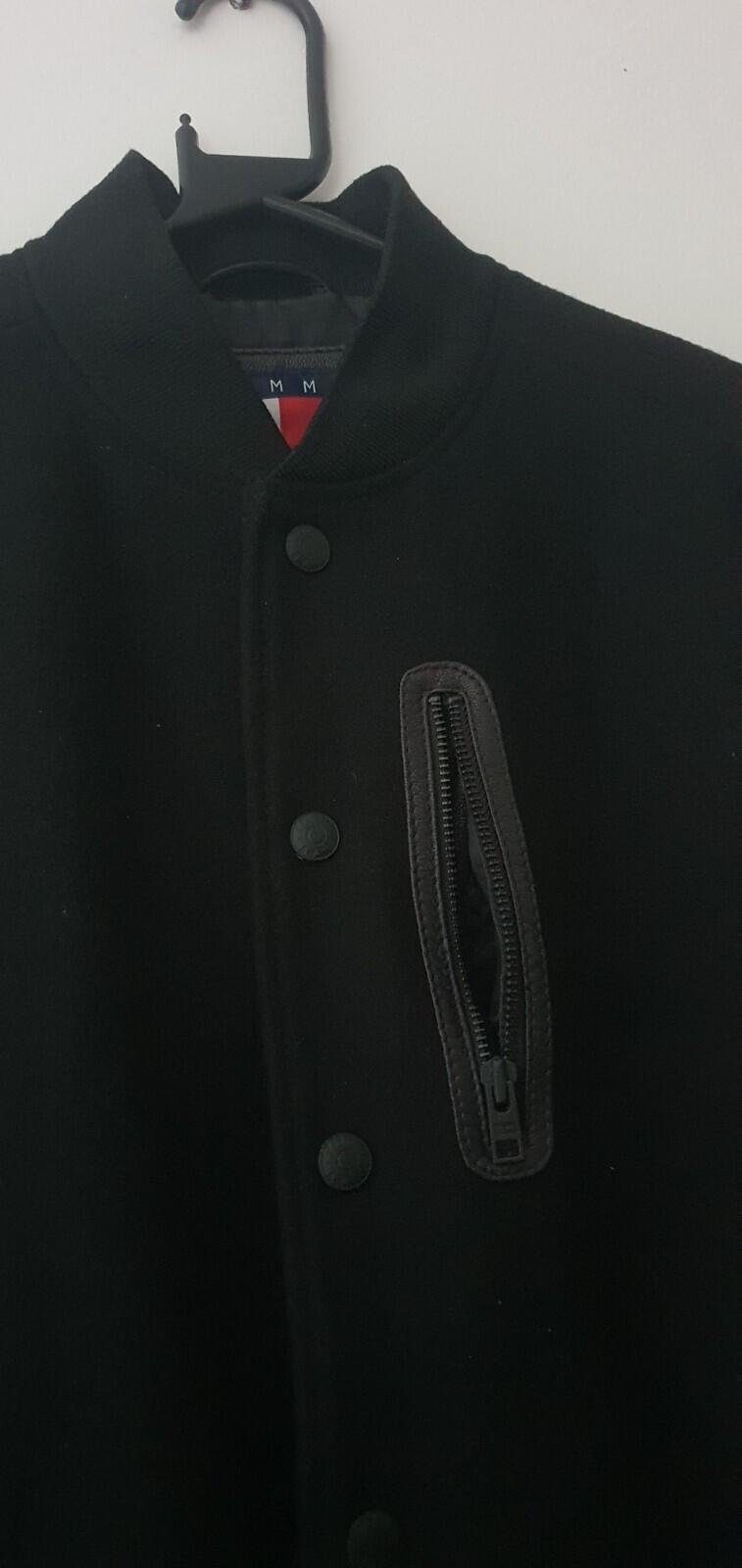 TOMMY JEANS £189 Varsity Wool Bomber Goat Leather Sleeves Black Jacket Hilfiger