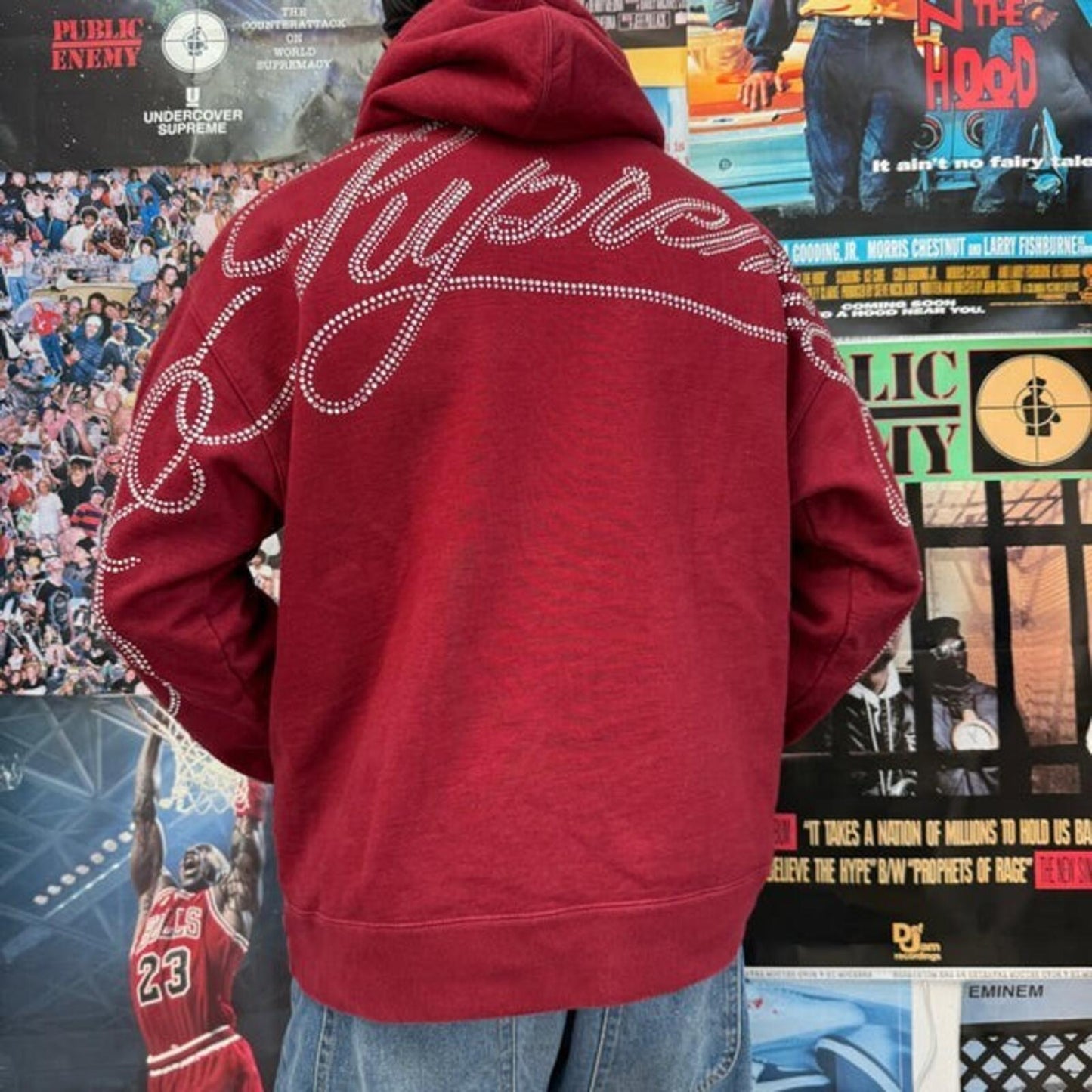 FW19 Supreme Rhinestone Script hooded sweatshirt size M medium hoodie cardinal