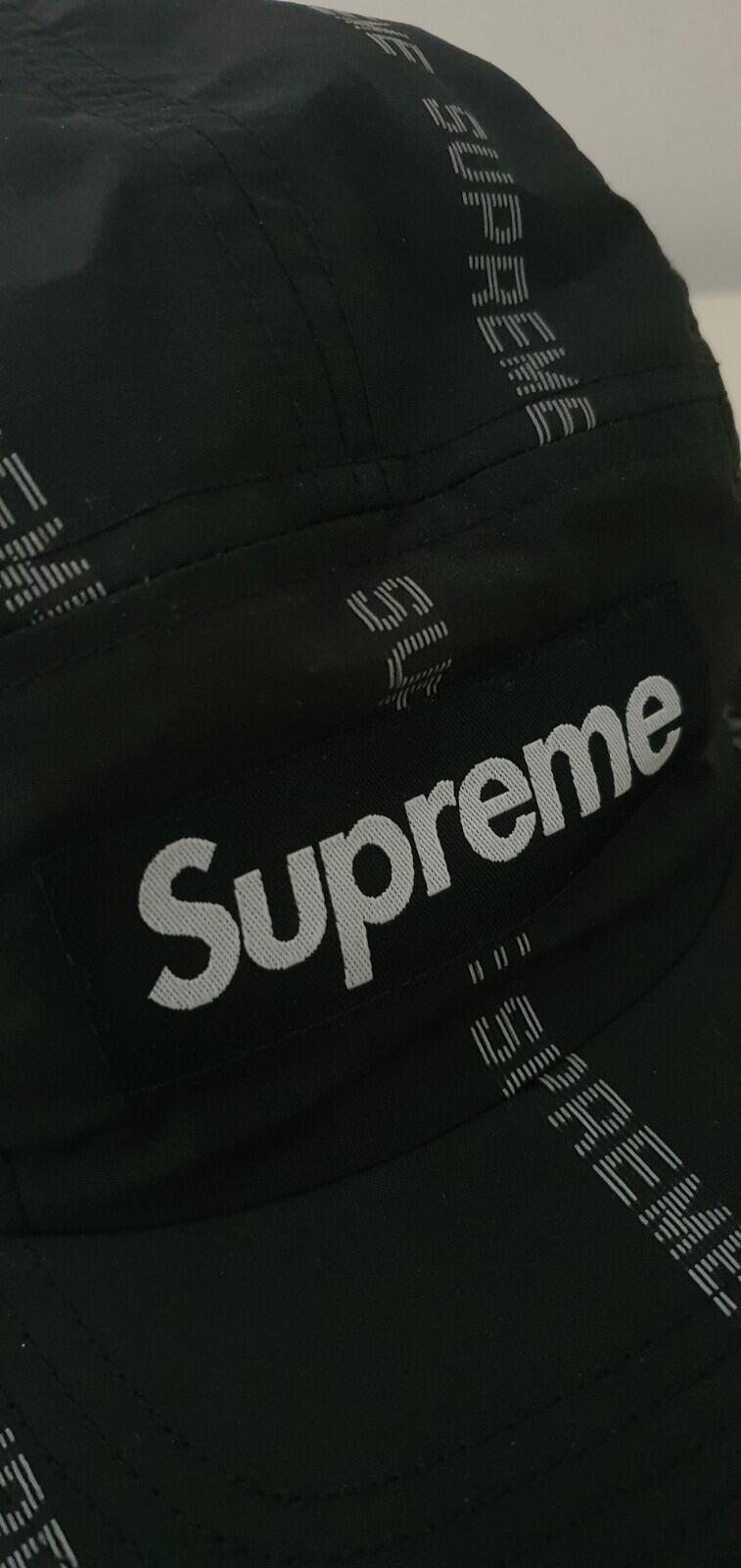 FW18 Supreme reflective text camp cap black hat water resistant jacquard logo