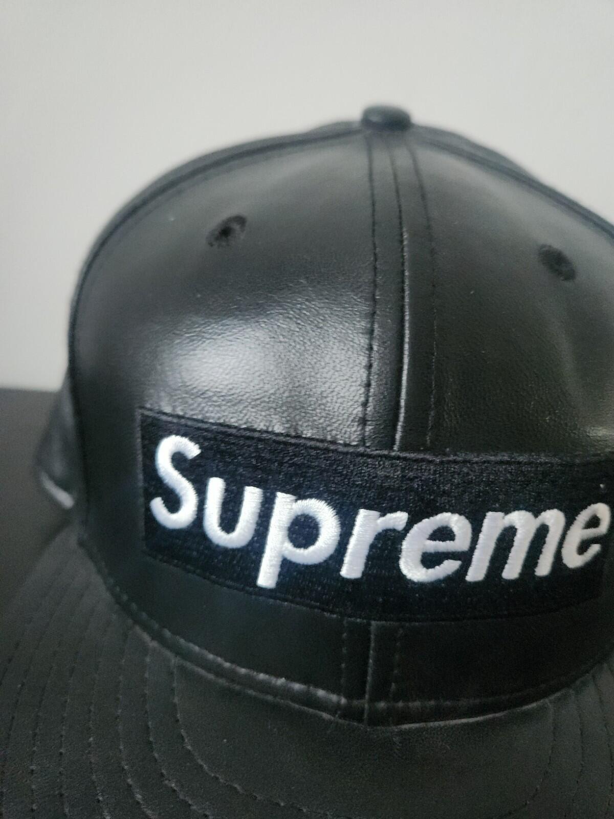 FW15 Supreme Leather Box Logo New Era Hat Black Cap size 7 3/8 Vintage 2015