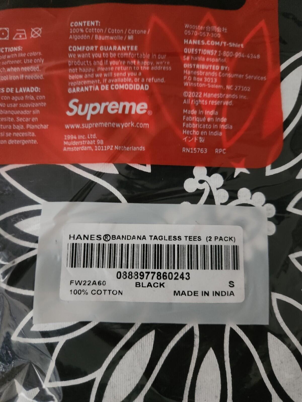 FW22 Supreme Hanes Bandana Tagless Tees 2 Pack T-shirts size S small New Black