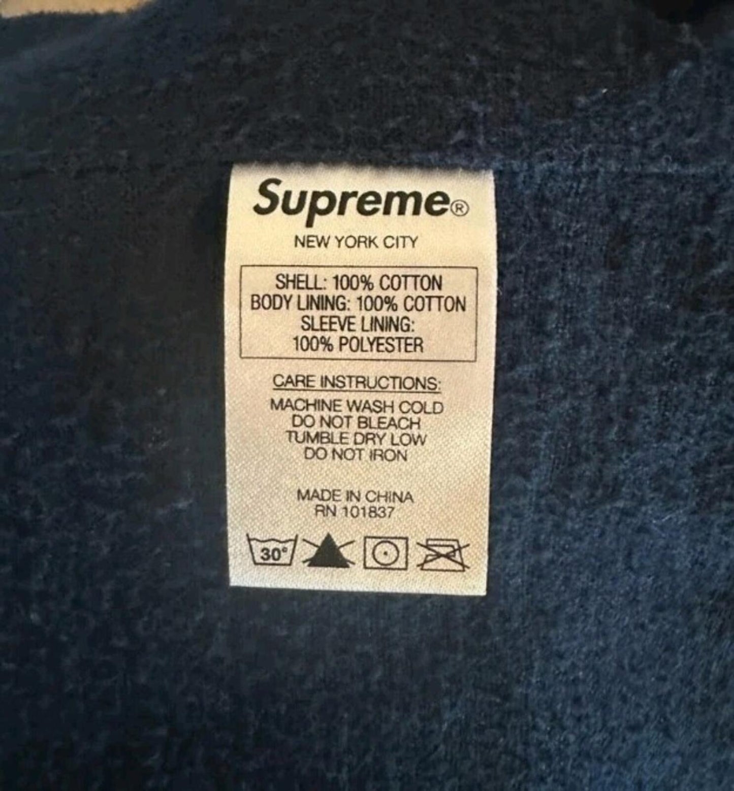 FW14 Supreme Denim Twill Varsity Jacket M Medium Vintage 2014 Flannel Lining