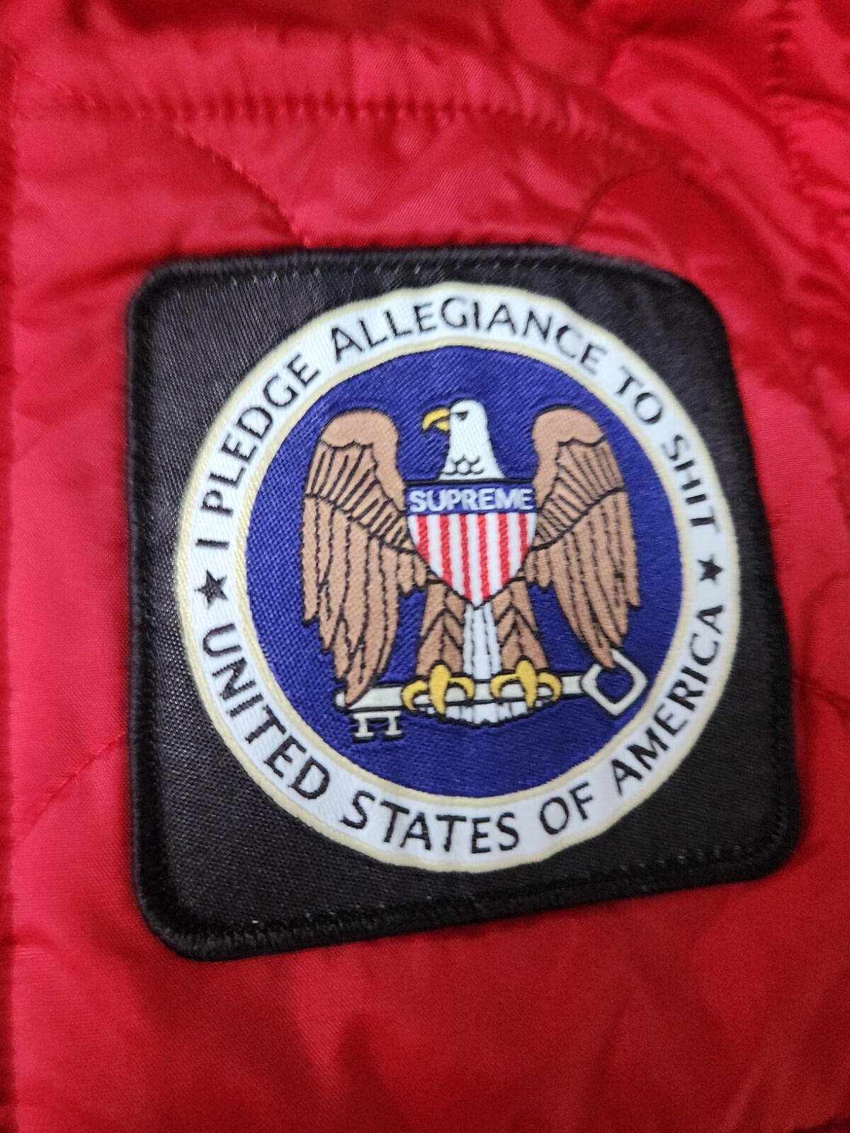 FW17 Supreme Quilted Liner Hooded Jacket M medium red I pledge allegiance coat