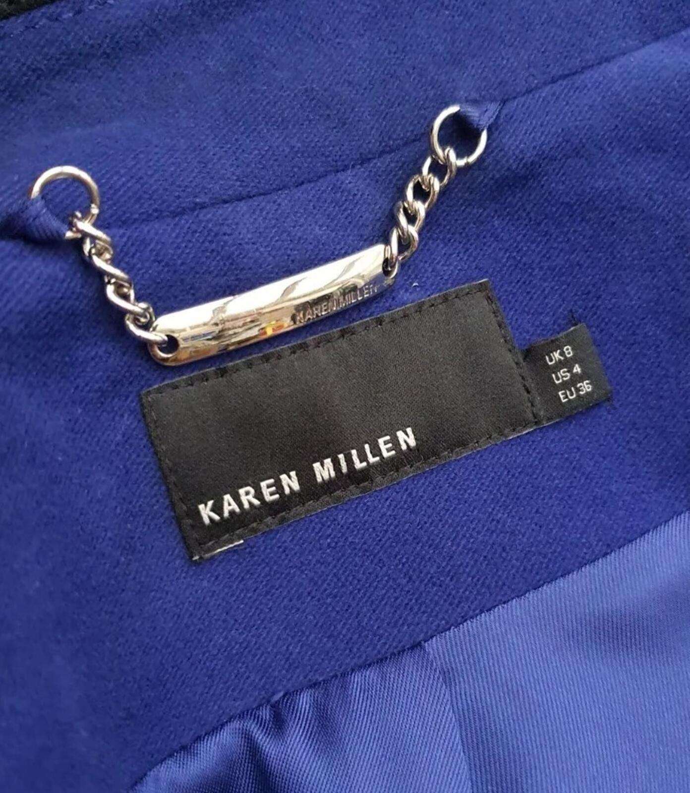 KAREN MILLEN Moleskin Mantel mit silbernen Metallapplikationen, Blau, Größe DE 36, UVP £210