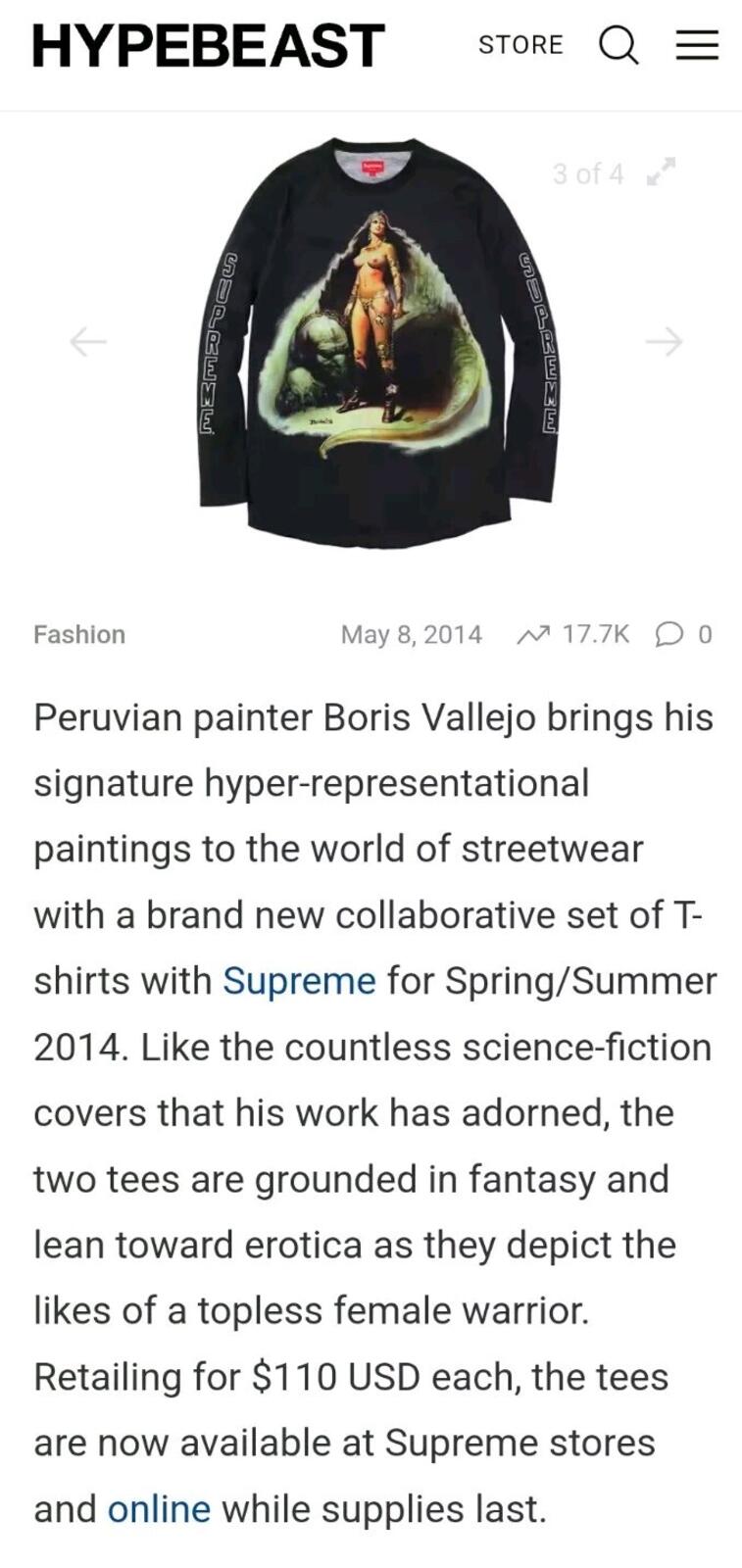 SS14 Supreme x Boris Vallejo Amazon Raglan Top Black Size M