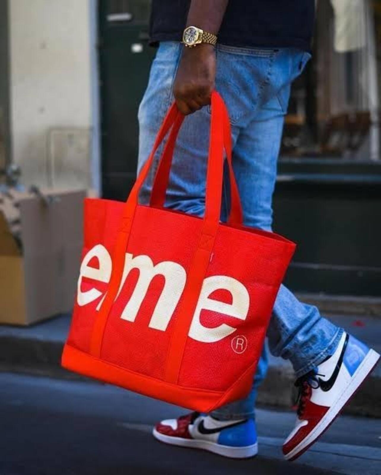 SS20 Supreme Raffia Tote Red Bag 18 oz. cotton canvas 24L big logo woven