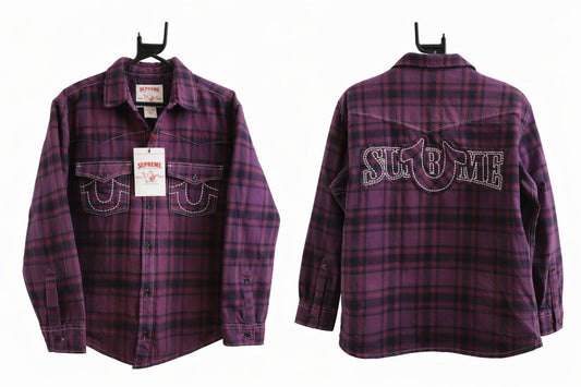 Camisa de franela a cuadros con forro acolchado FW25 Supreme x True Religion, morada, talla M