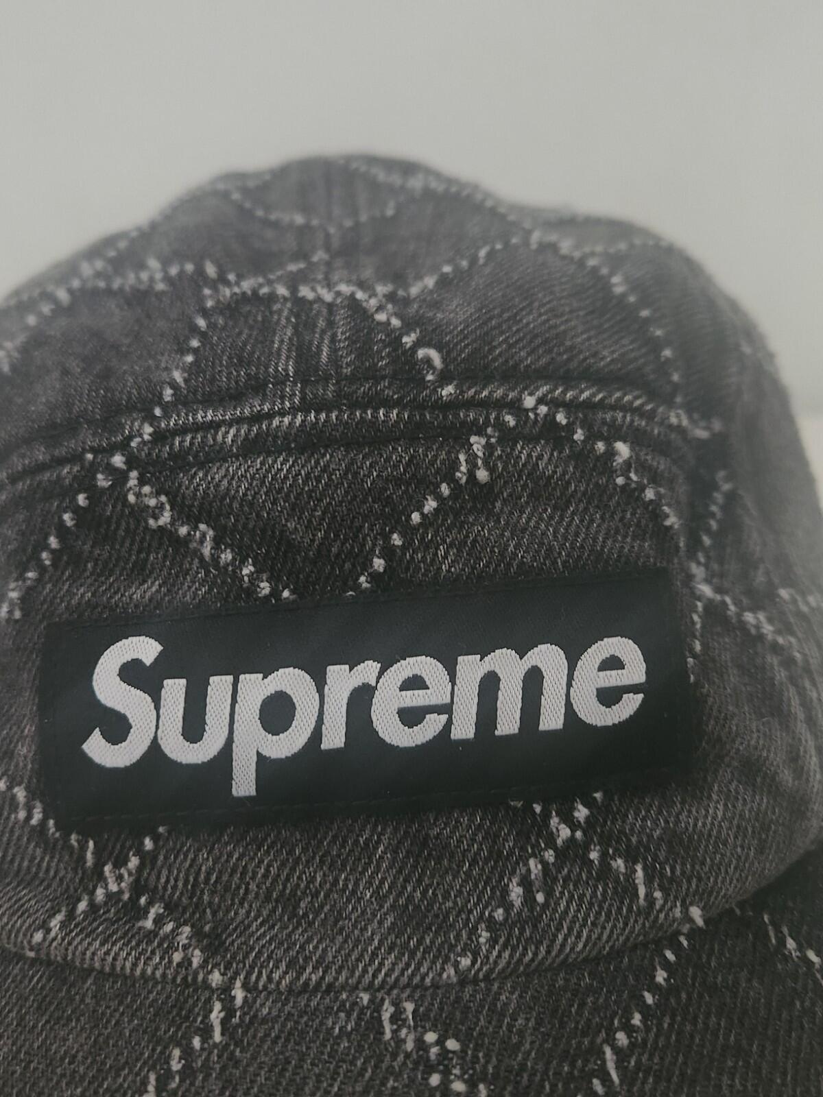 FW23 Supreme Punched Denim camp cap black hat 15 Oz. denim leather strap closure