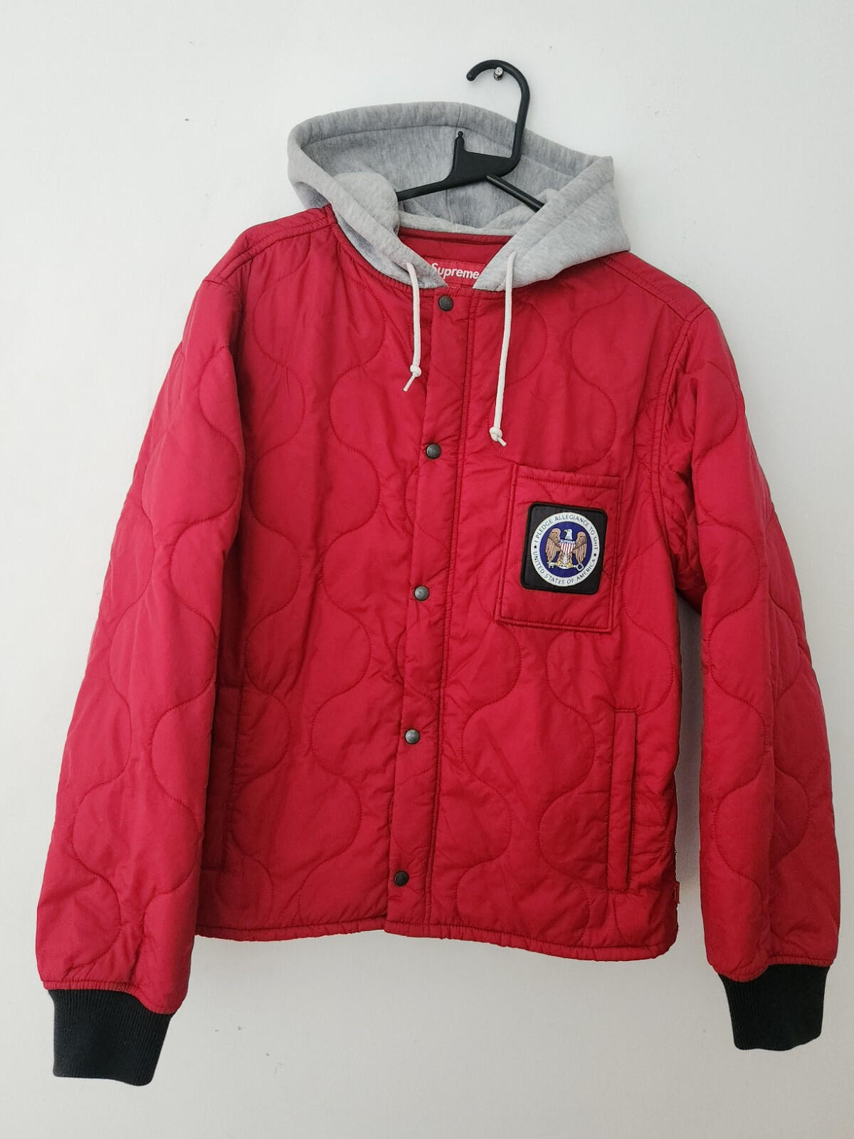FW17 Supreme Quilted Liner Hooded Jacket M medium red I pledge allegiance coat