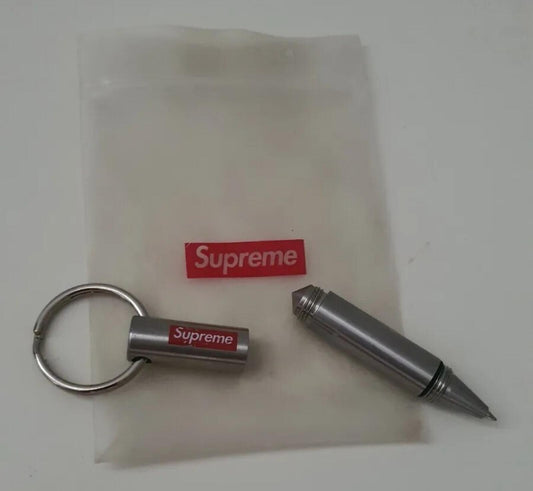 Llavero SS16 Supreme de acero con bolígrafo, llavero plateado con logo de caja pequeña, accesorio