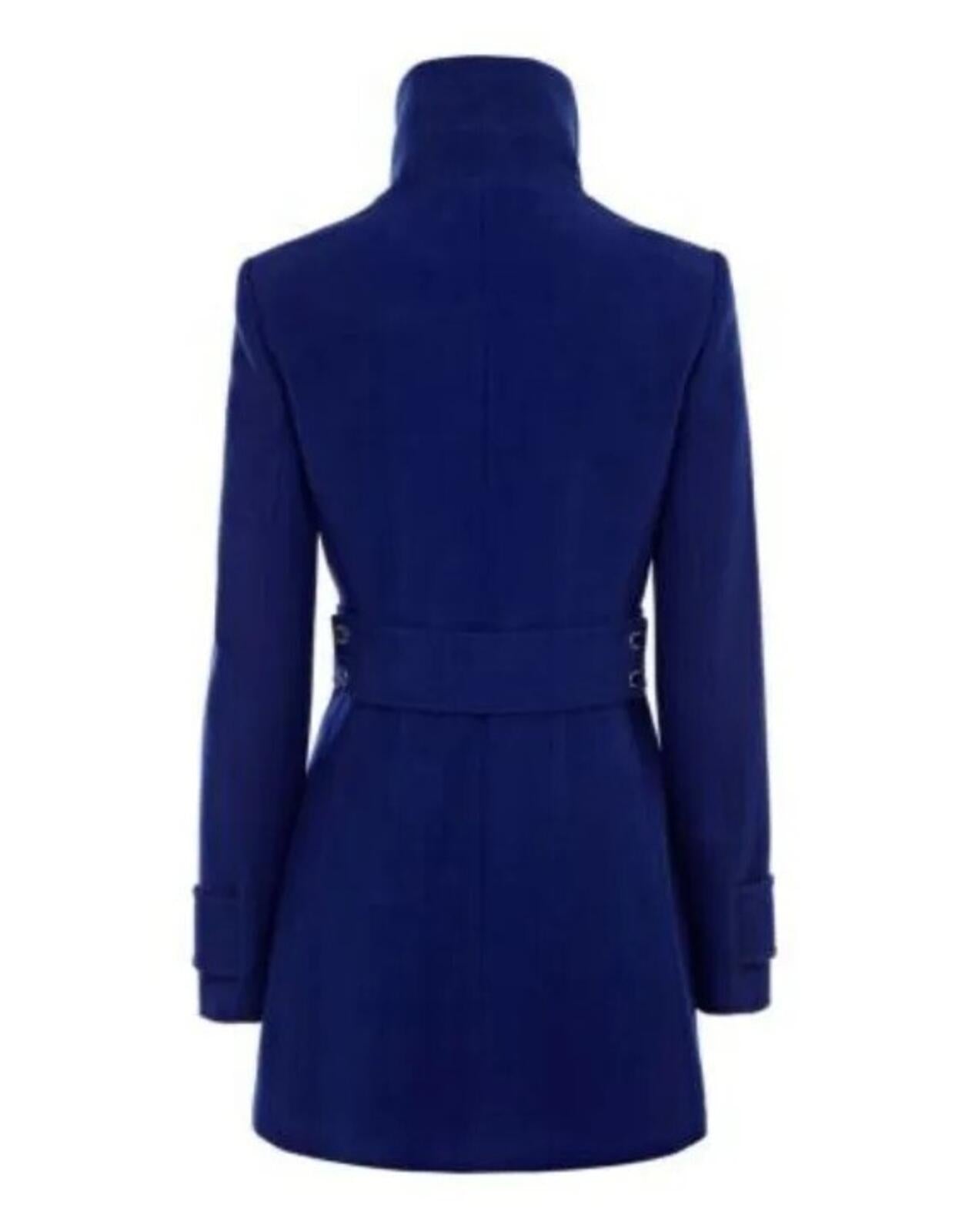 KAREN MILLEN Moleskin Mantel mit silbernen Metallapplikationen, Blau, Größe DE 36, UVP £210
