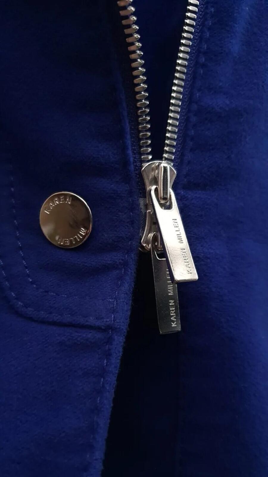 KAREN MILLEN Moleskin Mantel mit silbernen Metallapplikationen, Blau, Größe DE 36, UVP £210