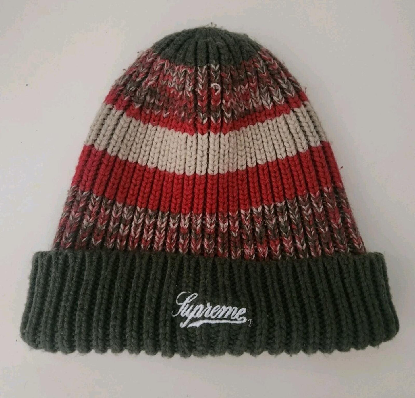 FW21 Supreme Mixed Stripe Beanie Green Red White Hat
