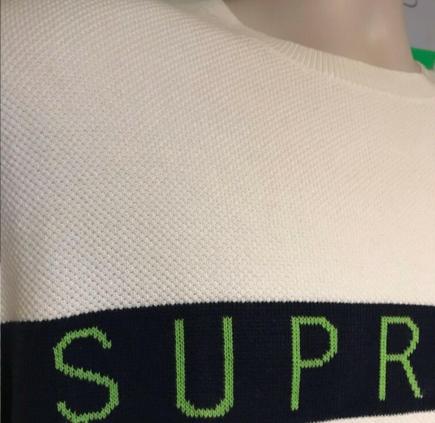 FW16 Supreme Logo Stripe Pique Crewneck White Size M