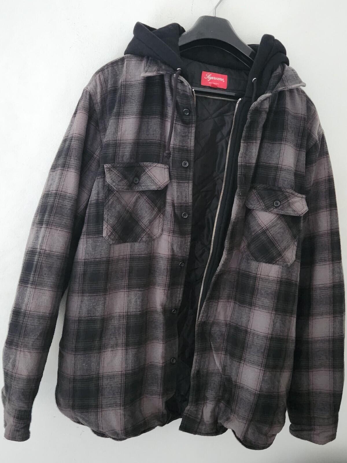 FW21 Supreme Hooded Flannel Zip Up Shirt Quilted Jacket Black Size L