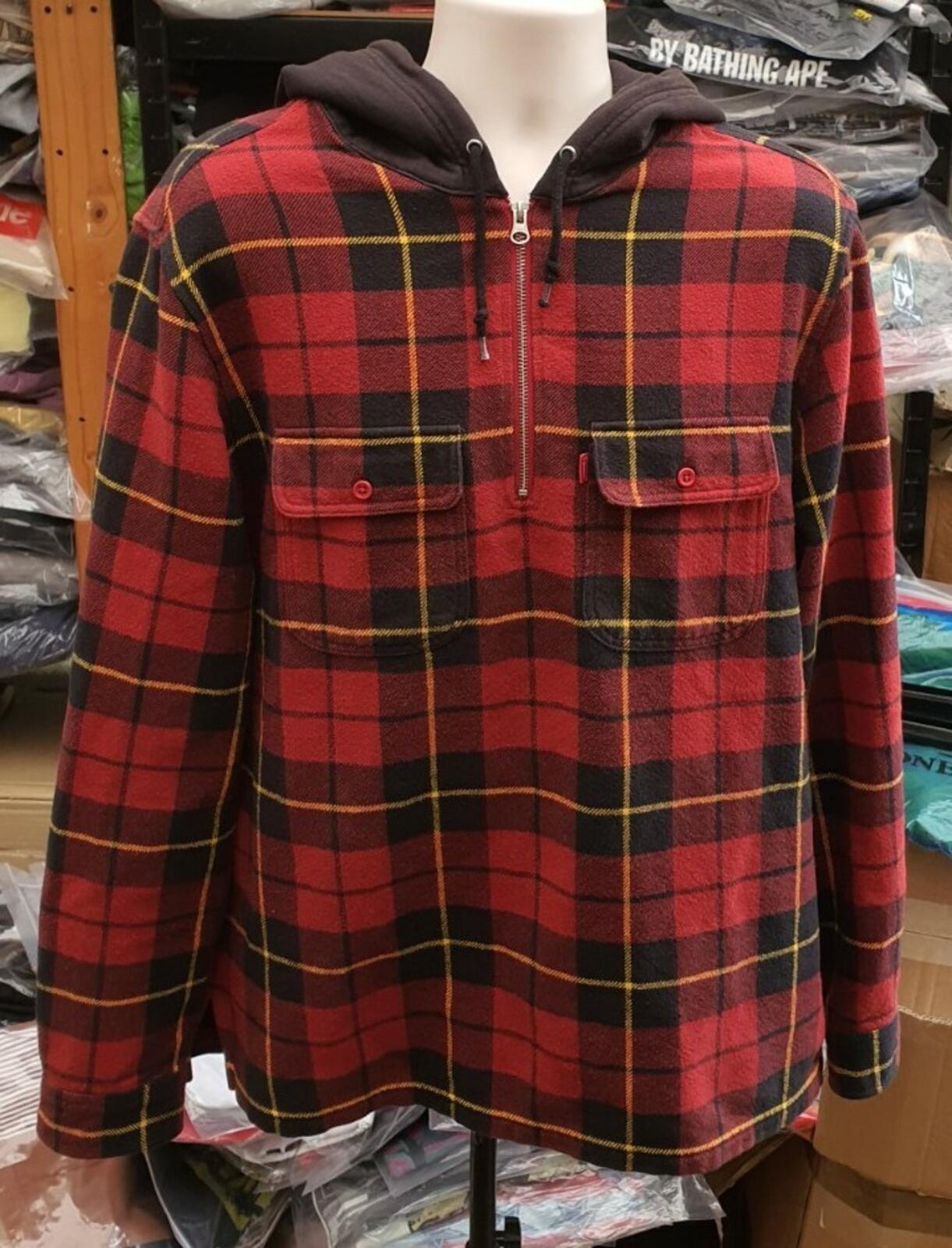 FW16 Supreme Hooded Plaid Half Zip Hooded Shirt Red Size L