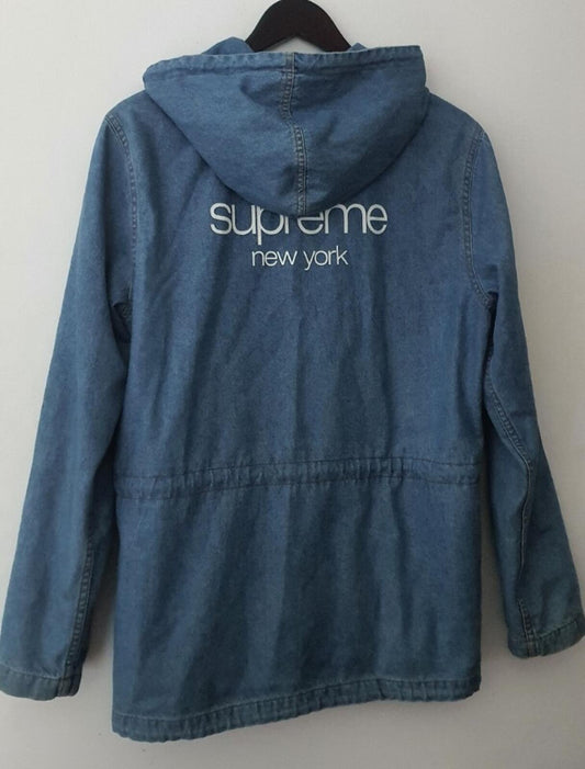 SS14 Supreme hooded denim parka size S small blue jacket Rare Vintage