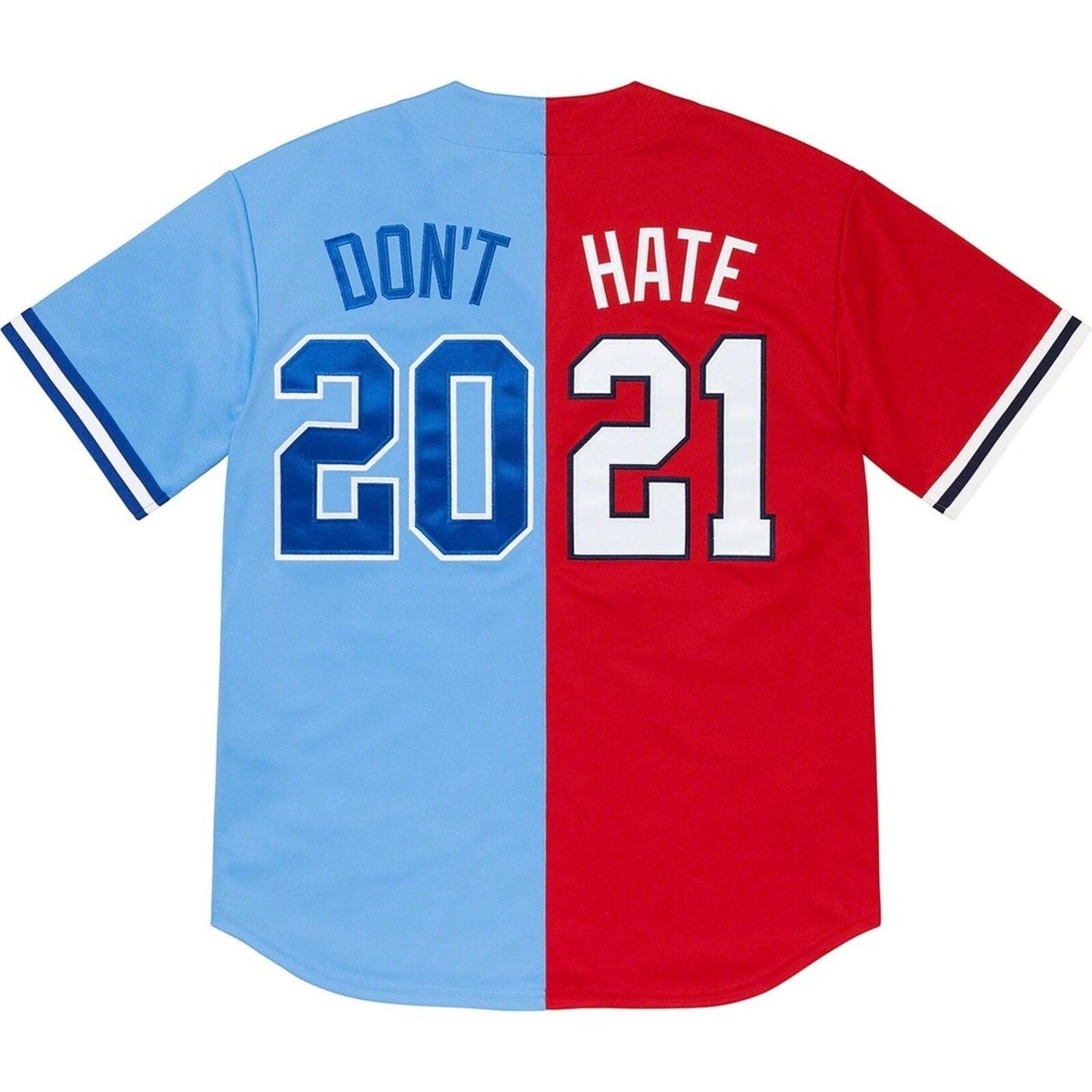 SS21 Supreme Don't Hate Baseball Jersey Size XL Red Blue Top