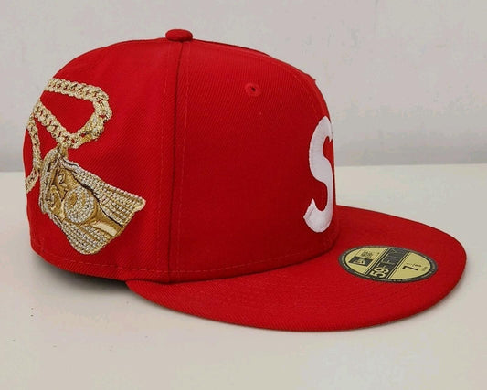 Gorra New Era 59Fifty Jesus Piece S Logo Supreme FW23 7 1/8 roja gris con cierre a presión