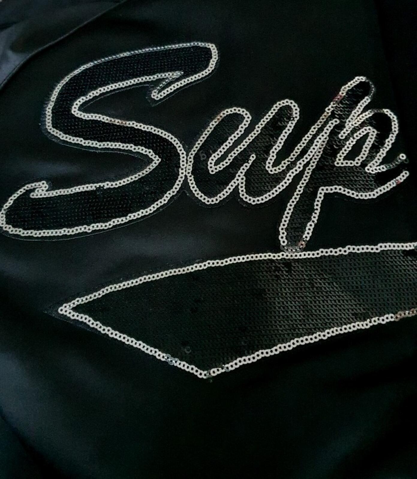 FW21 Supreme Mitchell & Ness logo varsity jacket black medium satin sequin logo