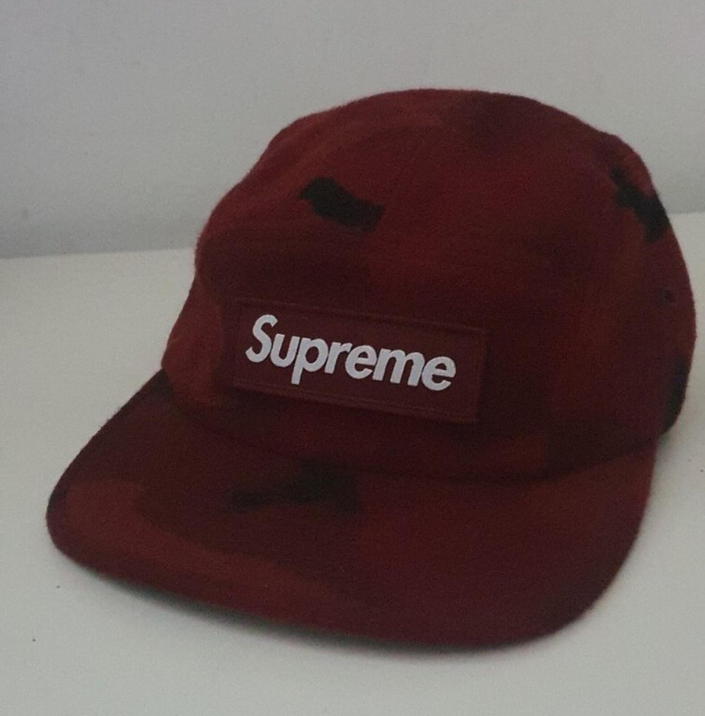 FW17 Supreme Camo Wool camp cap Burgundy Hat Red Box Logo