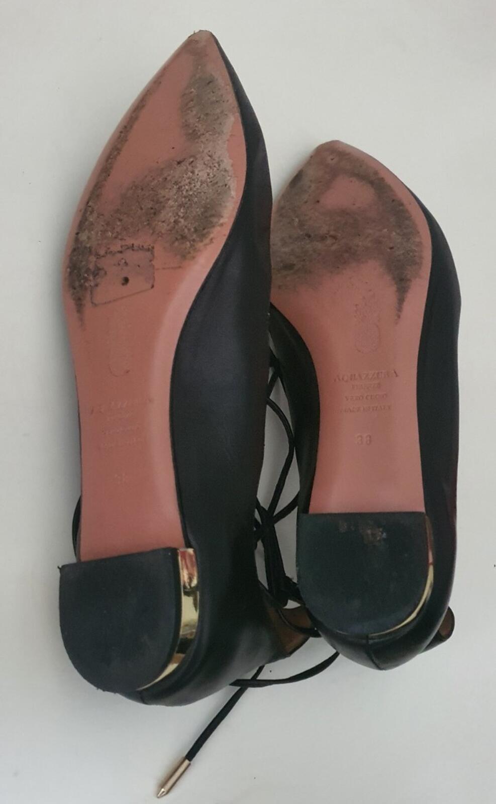 £415 AQUAZZURA Black Leather Christy Flat Pointed Toe Sandals Ballet EU 38 UK 5